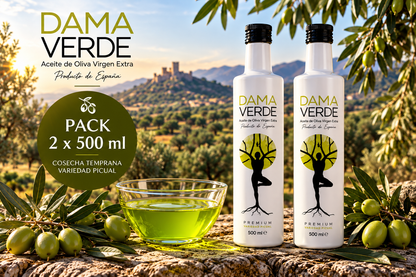 Pack 2 × 500 ml Dama Verde AOVE Picual de cosecha temprana.