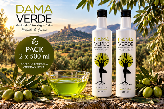 Pack 2 × 500 ml Dama Verde AOVE Picual de cosecha temprana.